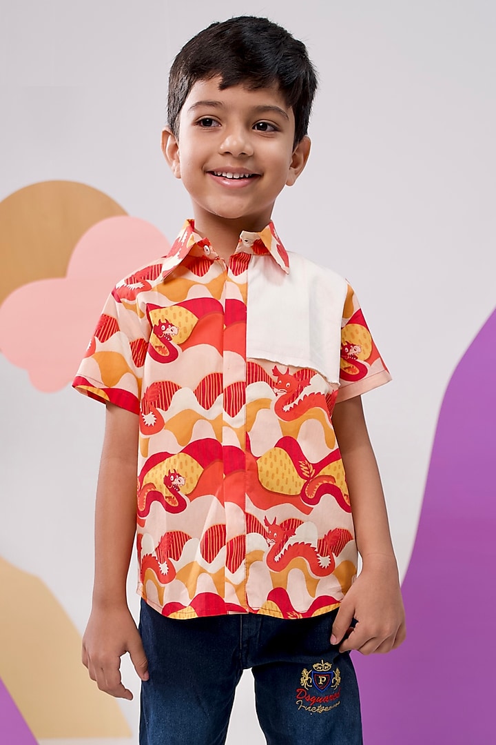 Red Organic Cotton Printed Shirt For Boys by Miko Lolo