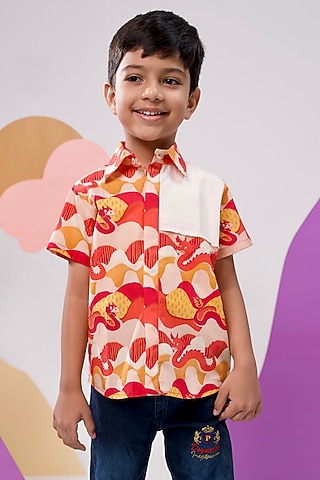 Red Organic Cotton Printed Shirt For Boys by Miko Lolo
