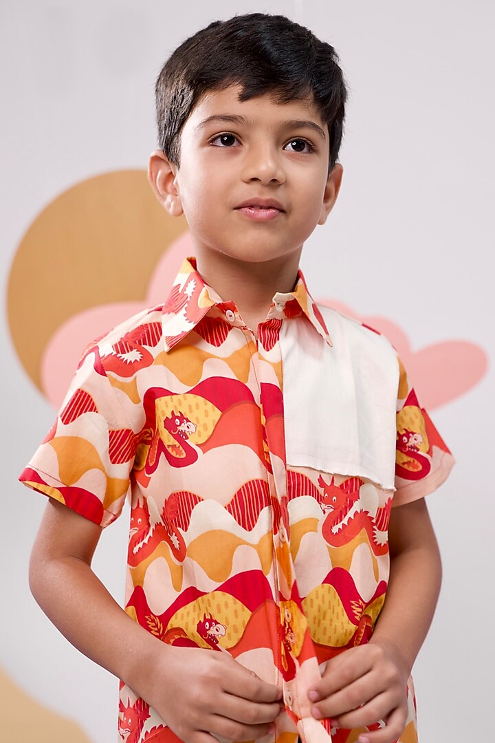 Red Organic Cotton Printed Shirt For Boys by Miko Lolo at Pernia's Pop Up Shop