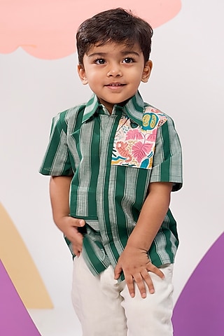 Green Cotton Stripe Printed Shirt For Boys by Miko Lolo