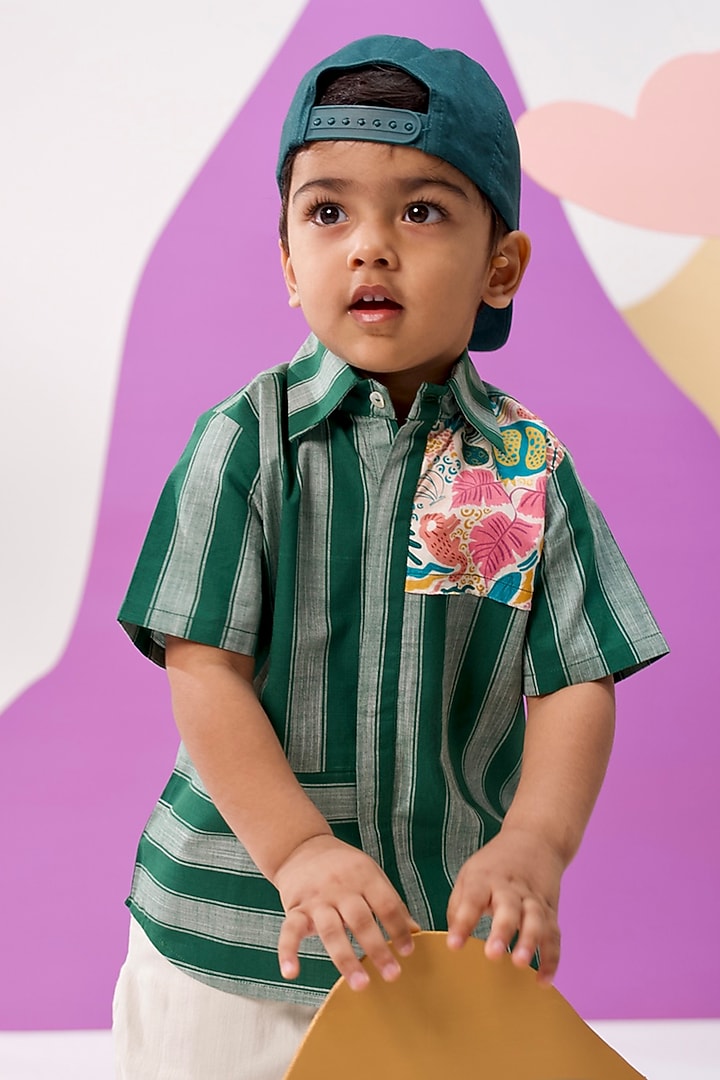 Green Cotton Stripe Printed Shirt For Boys by Miko Lolo at Pernia's Pop Up Shop