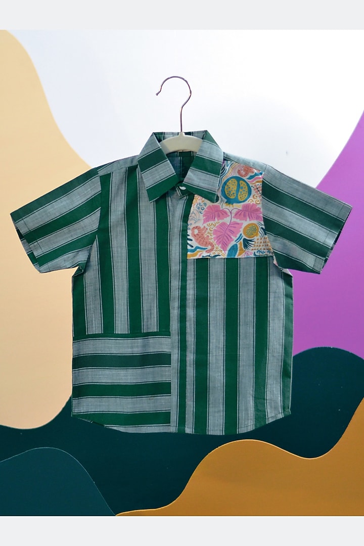 Green Cotton Stripe Printed Shirt For Boys by Miko Lolo at Pernia's Pop Up Shop