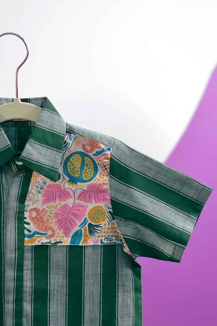 Green Cotton Stripe Printed Shirt For Boys by Miko Lolo at Pernia's Pop Up Shop