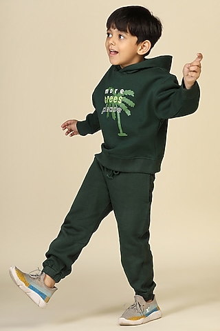 Dark Green Cotton Fleece Pants For Boys by Miko Lolo