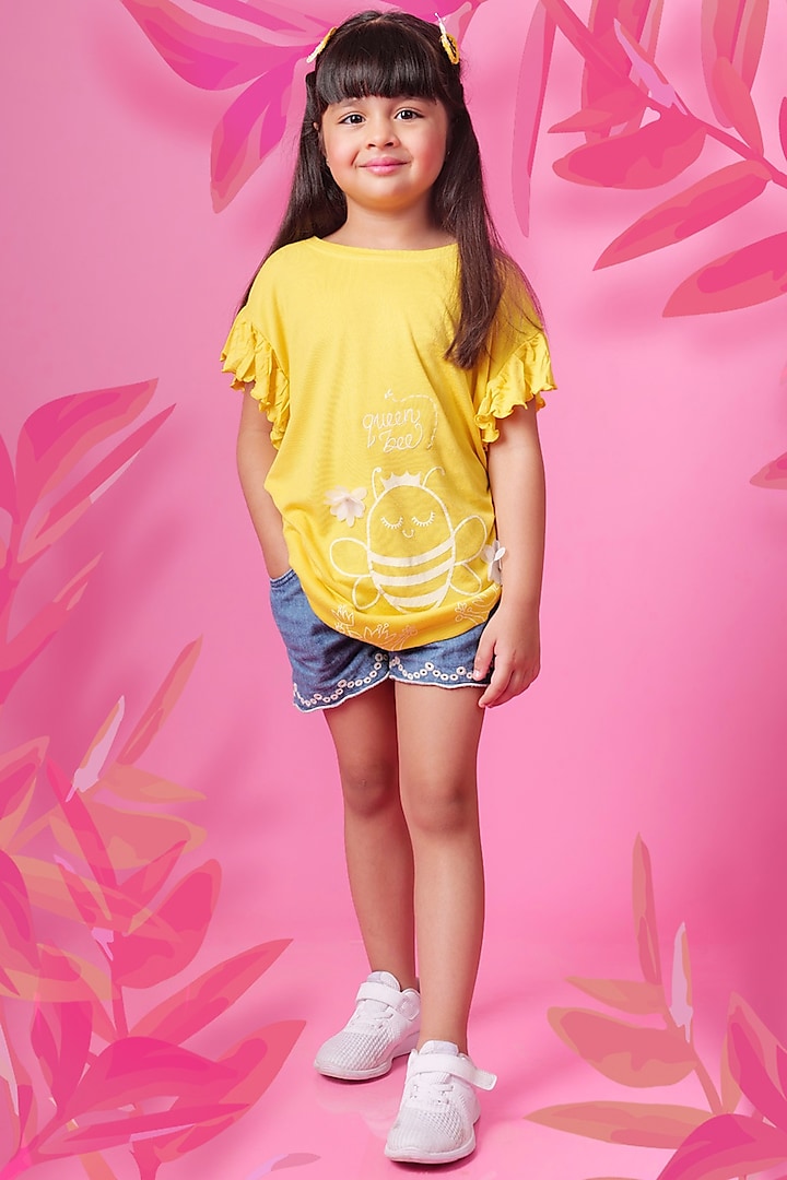 Yellow Embroidered Top For Girls by Miko Lolo
