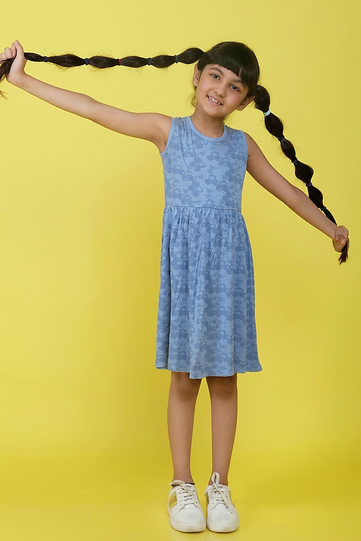 Blue Printed Gathered Dress For Girls by Miko Lolo