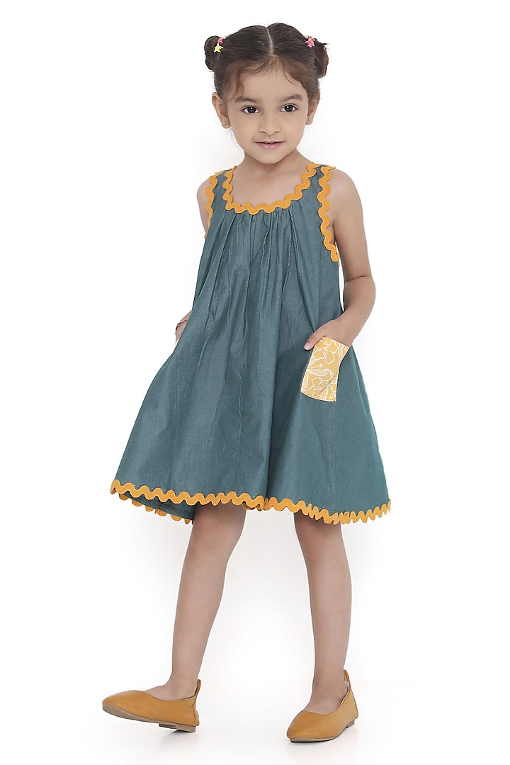 Green Cotton Stripe Printed Dress For Girls by Miko Lolo