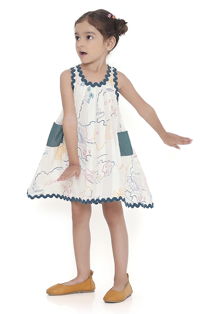 Off-White Cotton Printed Dress For Girls by Miko Lolo at Pernia's Pop Up Shop