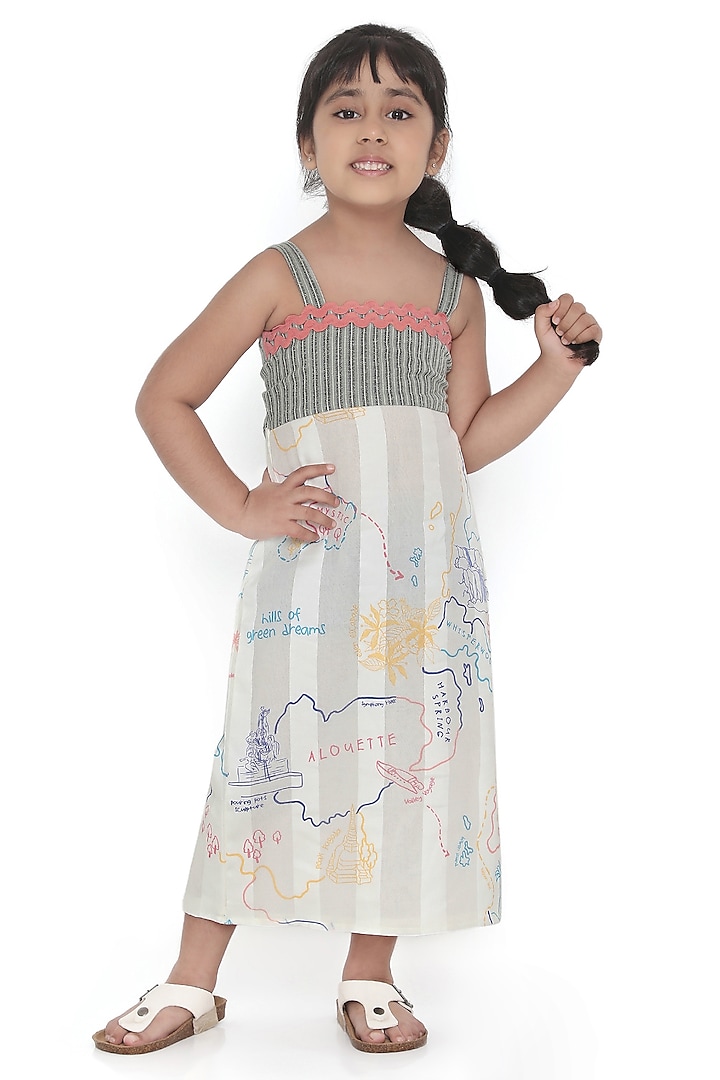 Off-White Cotton Dobby & Cotton Jacquard Dress For Girls by Miko Lolo at Pernia's Pop Up Shop