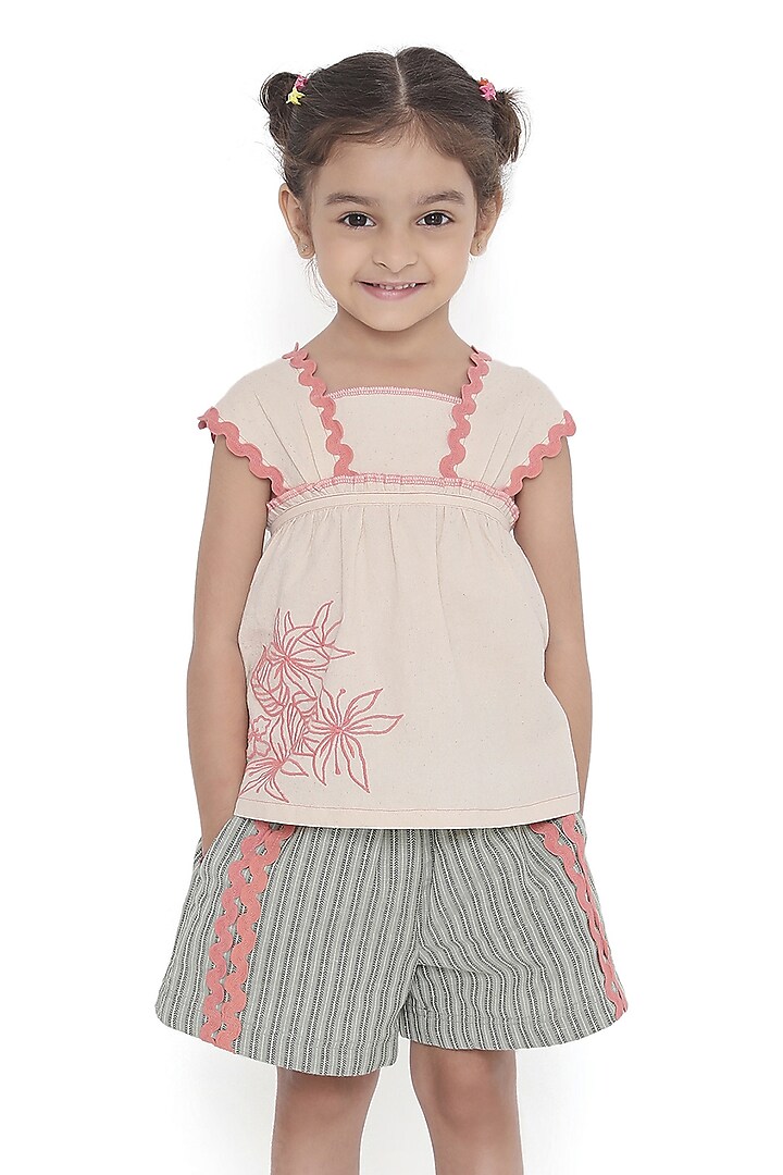 Off-White & Green Crushed Cotton Co-Ord Set For Girls by Miko Lolo at Pernia's Pop Up Shop