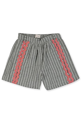 Green Cotton Jacquard Shorts For Girls by Miko Lolo