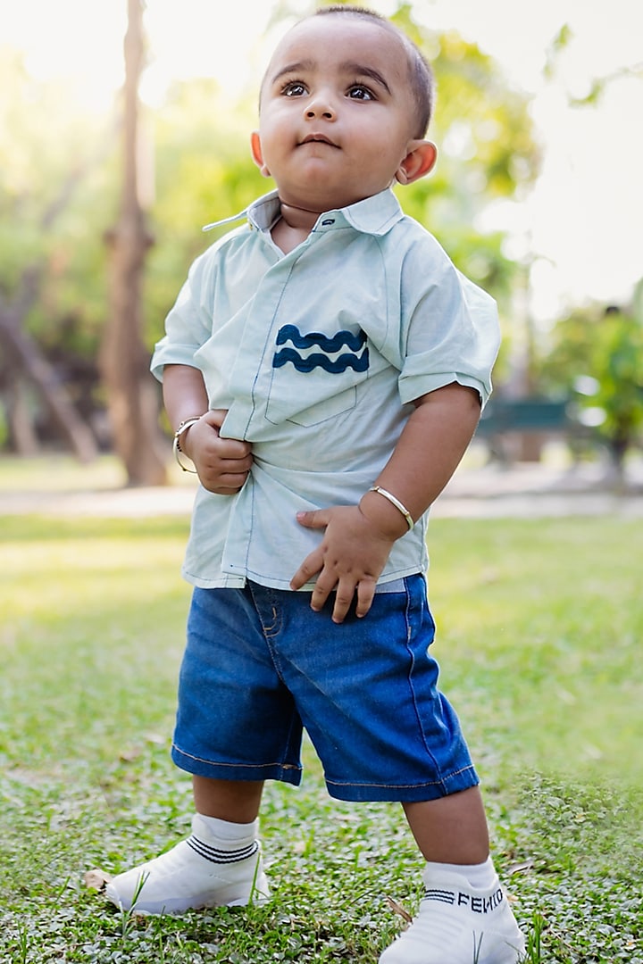 Blue Organic Cotton Floral Printed Shirt For Boys by Miko Lolo at Pernia's Pop Up Shop