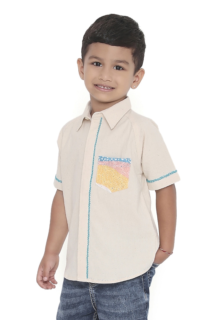 Off-White Crushed Cotton Hand Embroidered Shirt For Boys by Miko Lolo