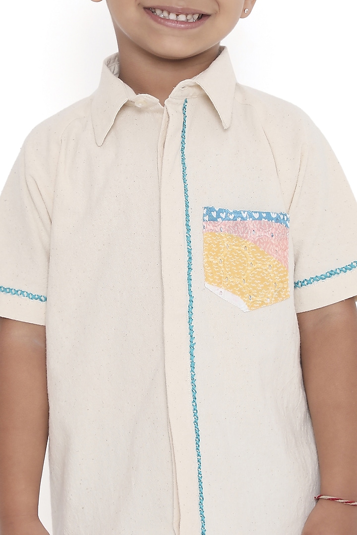 Off-White Crushed Cotton Hand Embroidered Shirt For Boys by Miko Lolo at Pernia's Pop Up Shop