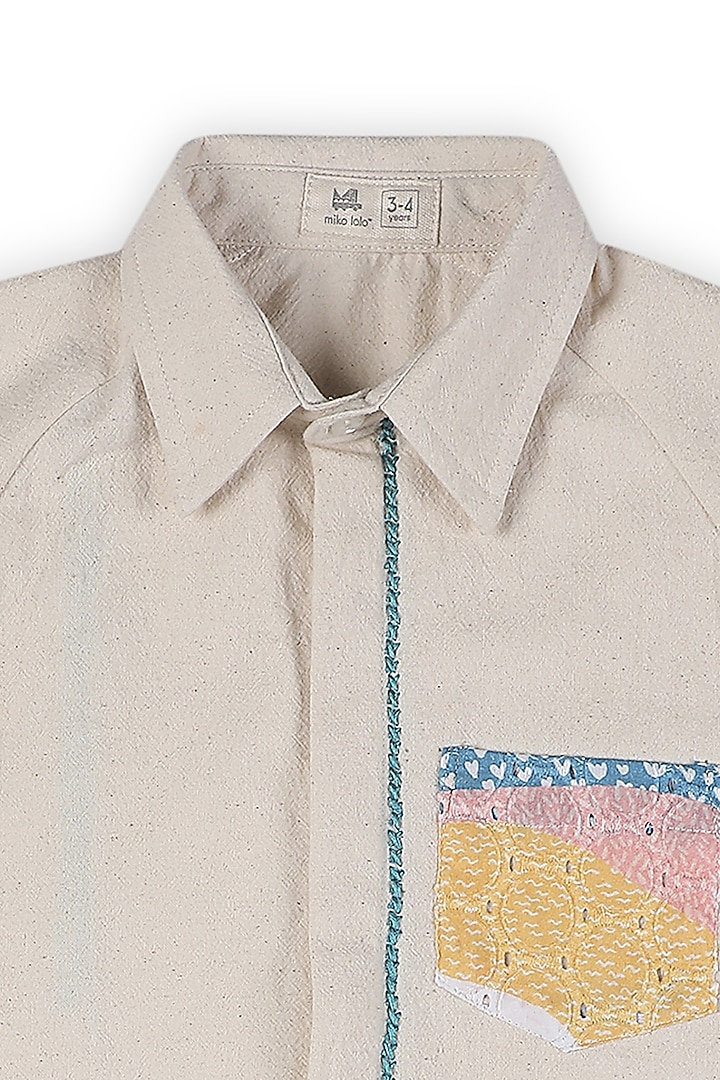 Off-White Crushed Cotton Hand Embroidered Shirt For Boys by Miko Lolo at Pernia's Pop Up Shop