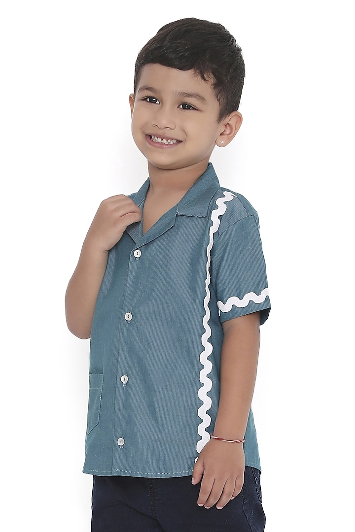 Green Cotton Shirt For Boys by Miko Lolo