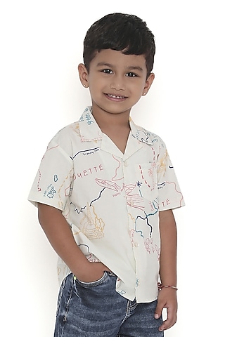 Off-White Organic Cotton Printed & Hand Embroidered Shirt For Boys by Miko Lolo