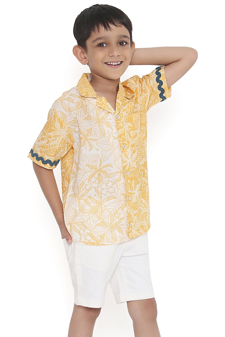 Yellow Organic Cotton Floral Printed Shirt For Boys by Miko Lolo