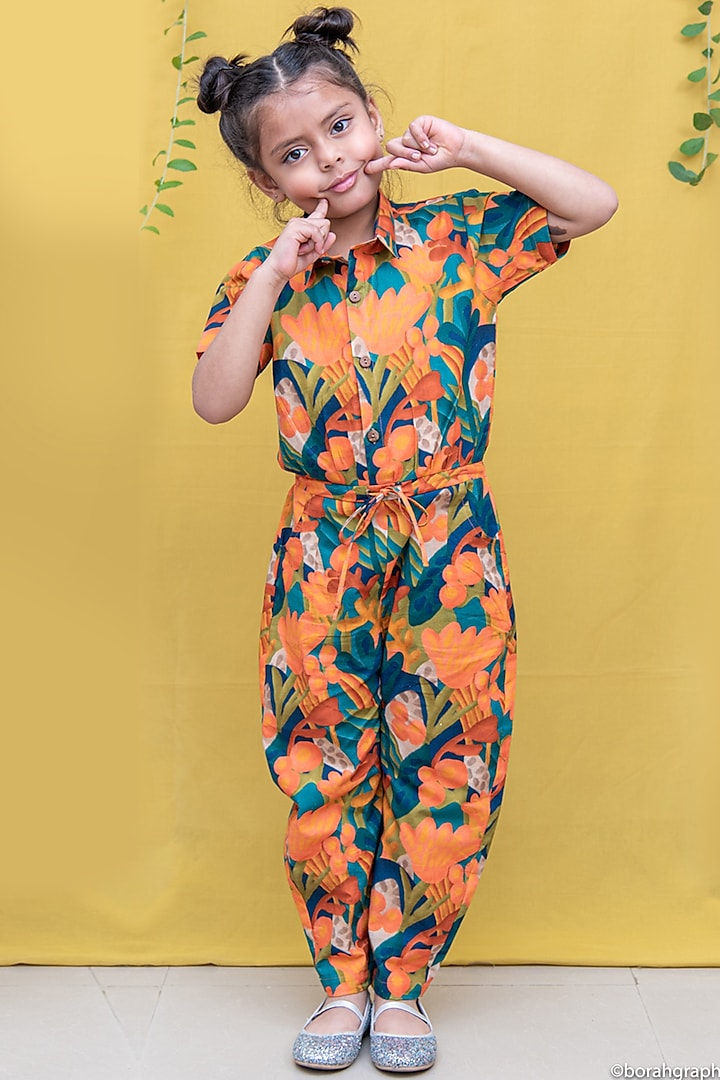 Multi Colored Abstract Floral Printed Jumpsuit For Girls by Miko Lolo