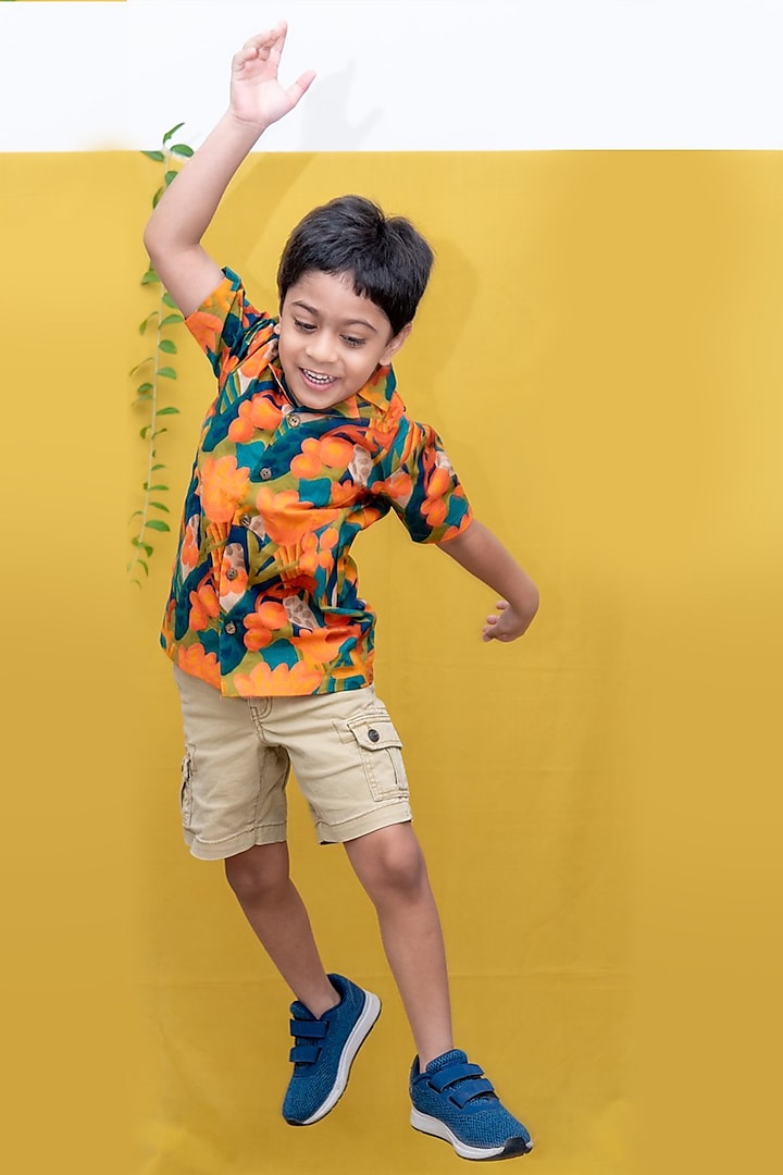 Multi Colored Abstract Floral Printed Aloha Shirt For Boys by Miko Lolo