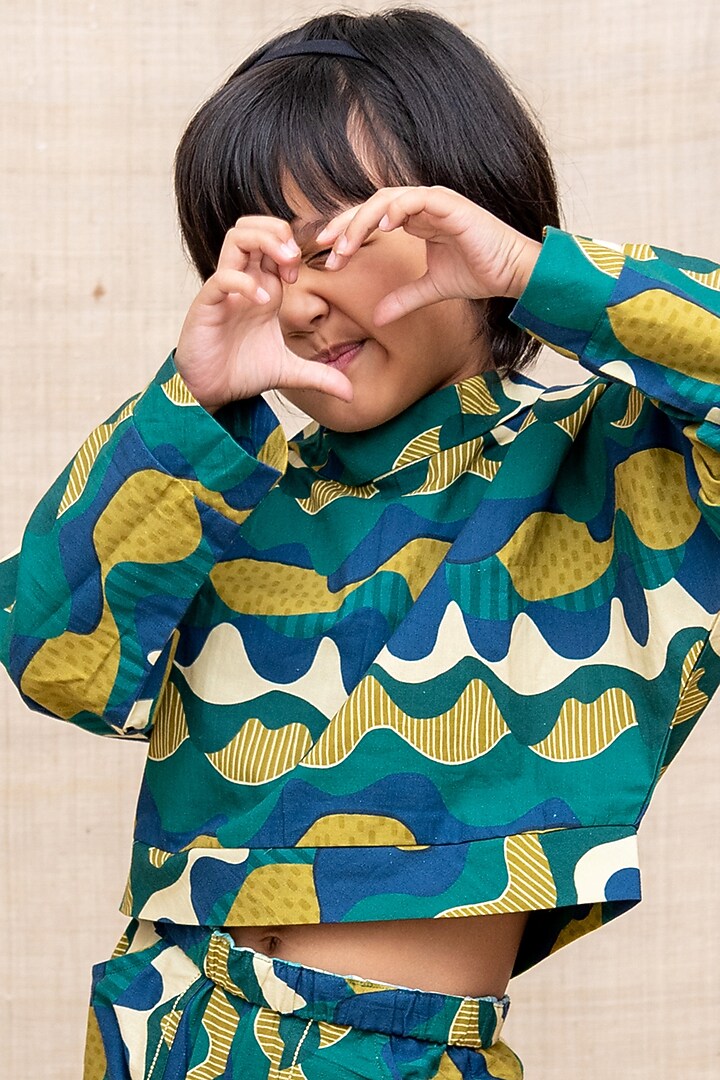 Green Abstract Printed Crop Top For Girls by Miko Lolo at Pernia's Pop Up Shop