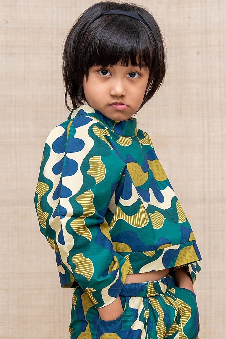 Green Abstract Printed Crop Top For Girls by Miko Lolo at Pernia's Pop Up Shop