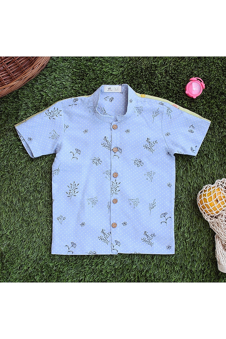 Blue Floral & Polka Dots Printed Shirt For Boys by Miko Lolo