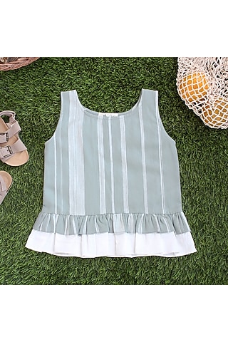 Green Weaved Stripes Printed Top For Girls by Miko Lolo
