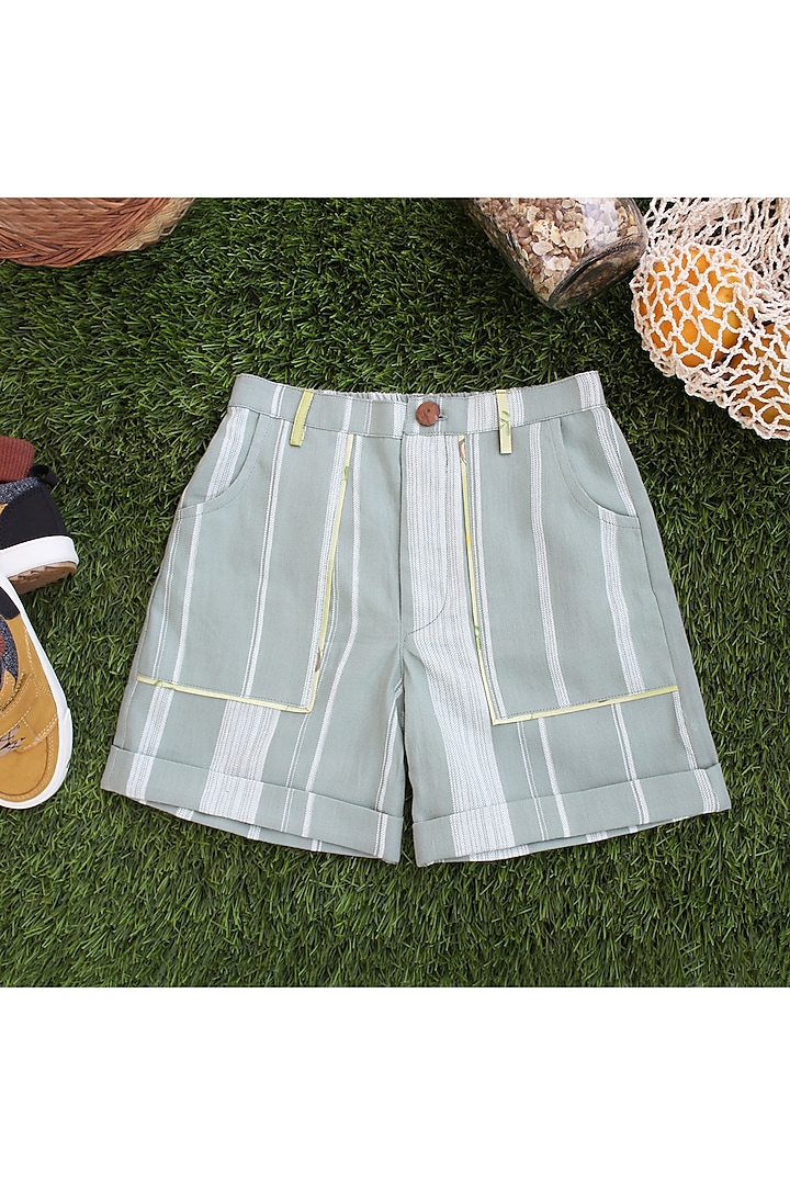 Green Weaved Stripes Printed Shorts For Boys by Miko Lolo