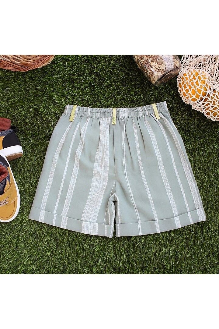 Green Weaved Stripes Printed Shorts For Boys by Miko Lolo at Pernia's Pop Up Shop