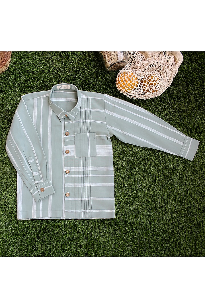 Green Weaved Stripes Printed Shirt For Boys by Miko Lolo