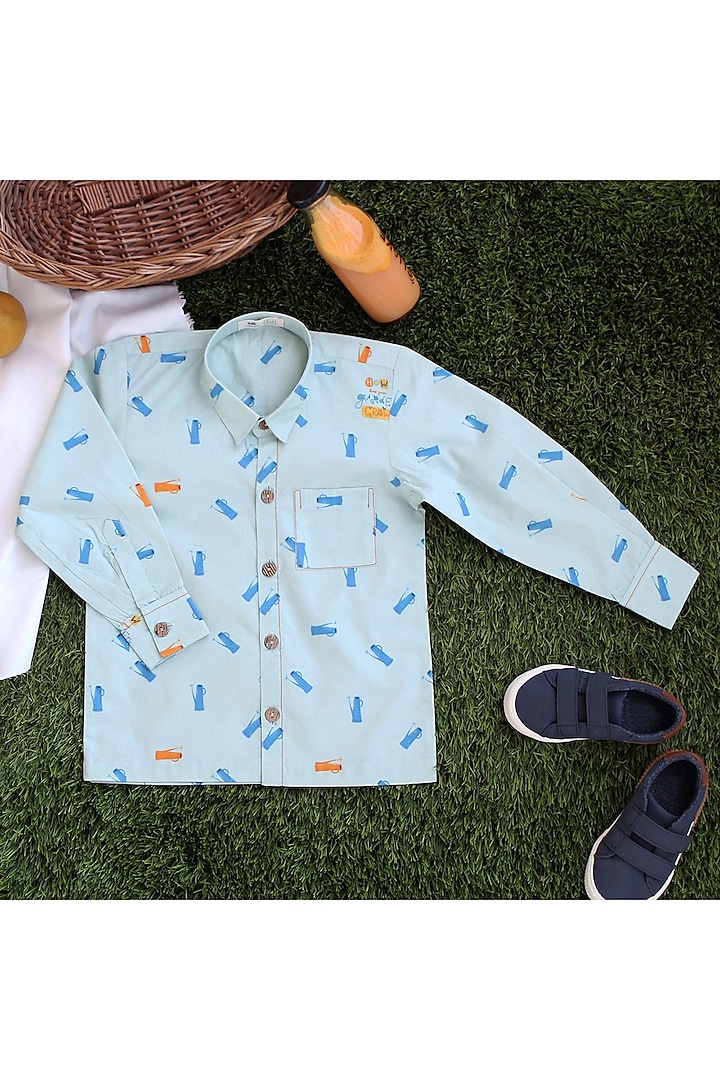 Blue Conversational Printed Shirt For Boys by Miko Lolo