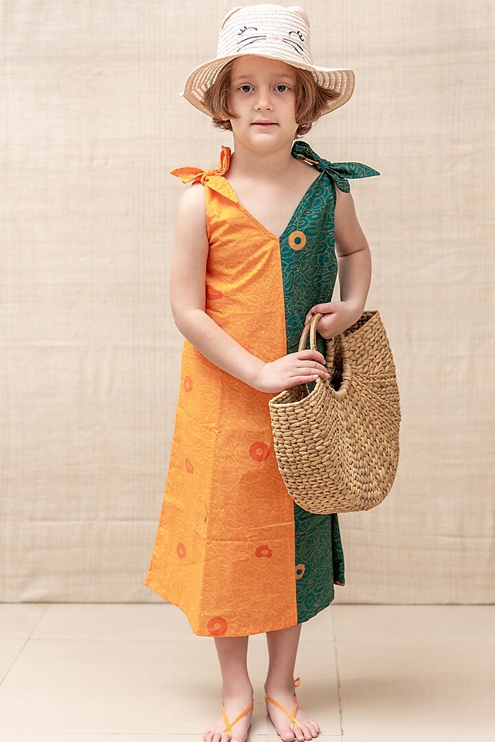 Orange & Green Abstract Printed Maxi Dress For Girls by Miko Lolo