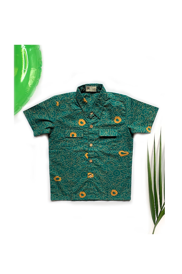 Dark Teal Abstract Printed Shirt For Boys by Miko Lolo