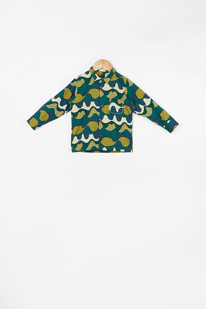 Green & Blue Graphic Printed Shirt For Boys by Miko Lolo