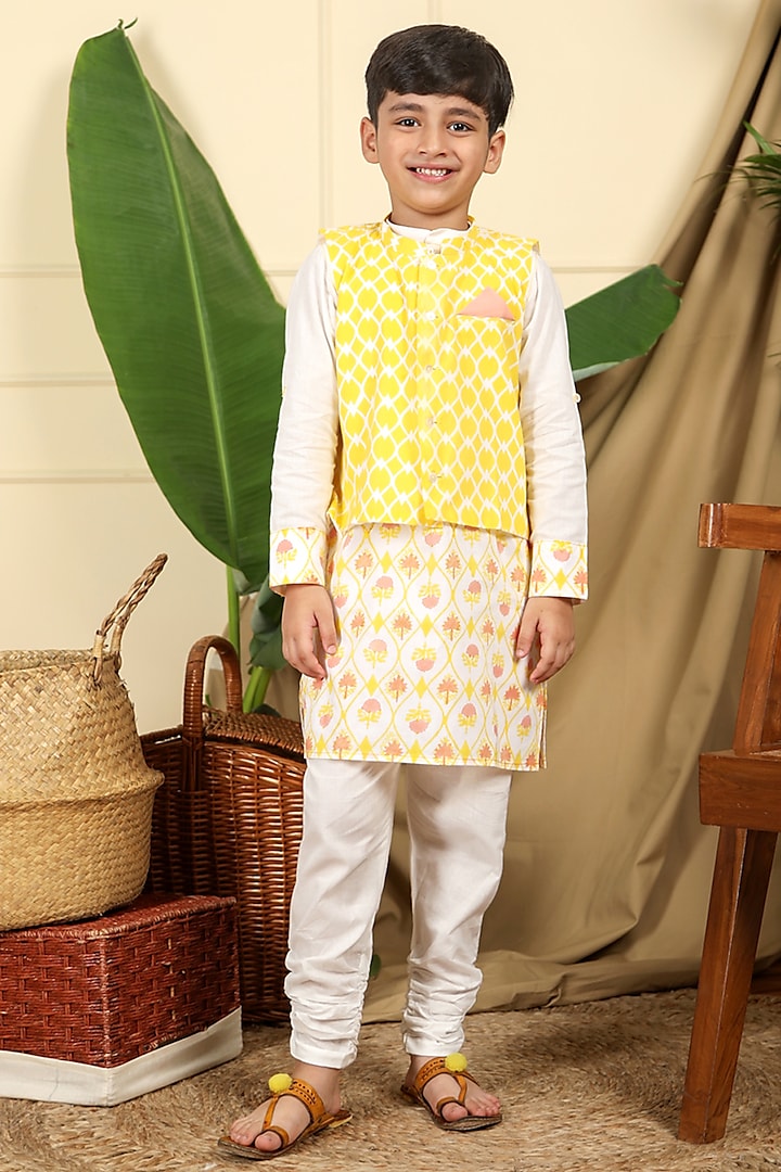 Yellow & Off-White Cotton Nehru Jacket With Kurta Set For Boys by Miko Lolo