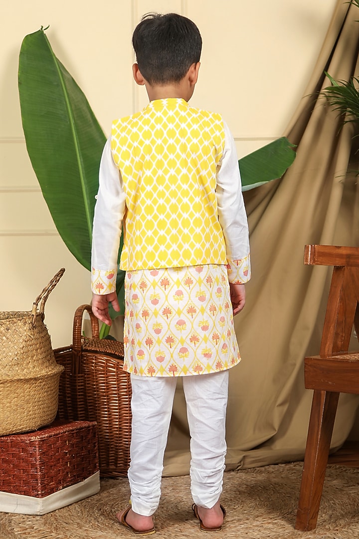 Yellow & Off-White Cotton Nehru Jacket With Kurta Set For Boys by Miko Lolo at Pernia's Pop Up Shop