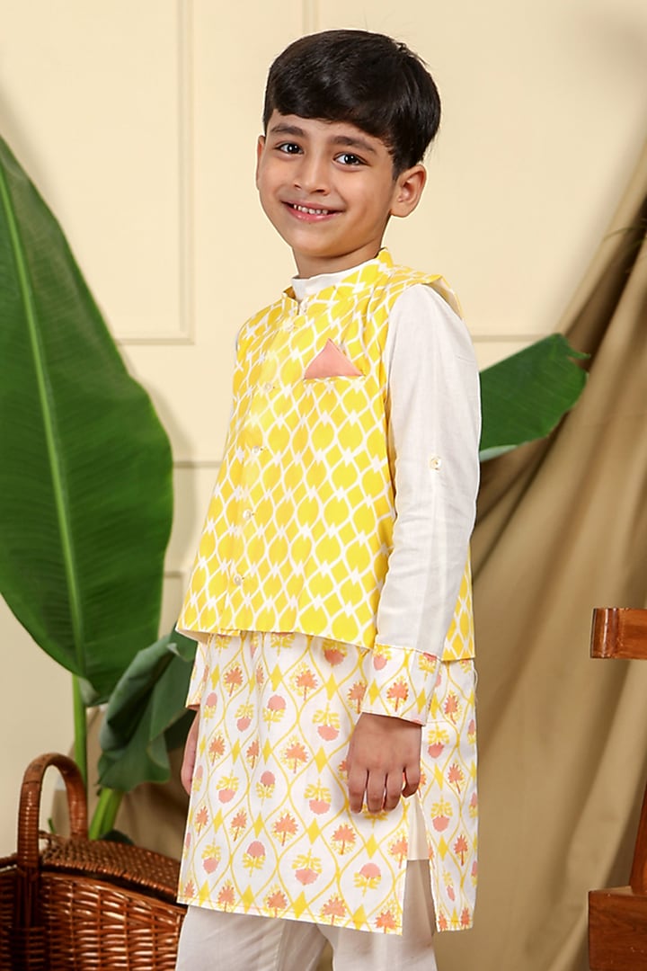 Yellow & Off-White Cotton Nehru Jacket With Kurta Set For Boys by Miko Lolo at Pernia's Pop Up Shop