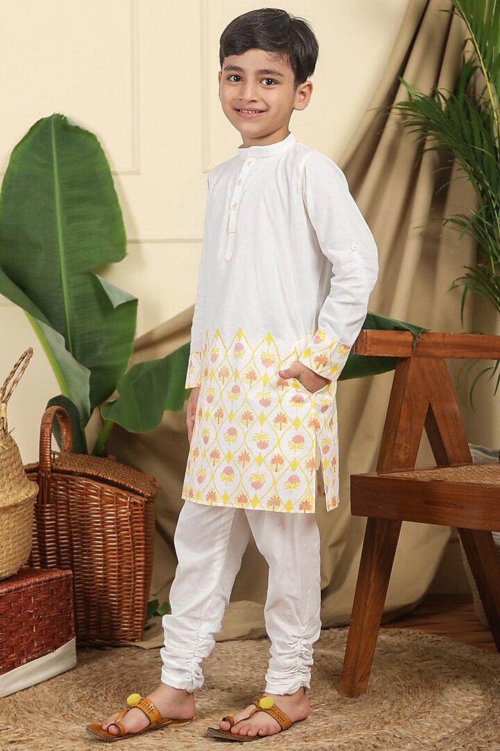 Yellow & Off-White Cotton Nehru Jacket With Kurta Set For Boys by Miko Lolo at Pernia's Pop Up Shop