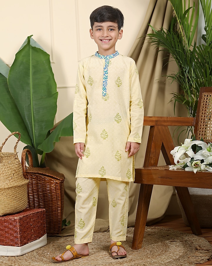 Beige Cotton Hand Block Printed Kurta For Boys by Miko Lolo