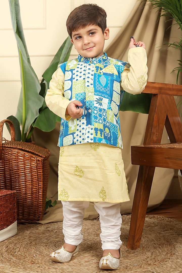 Blue & Green Cotton Printed Nehru Jacket With Kurta Set For Boys by Miko Lolo