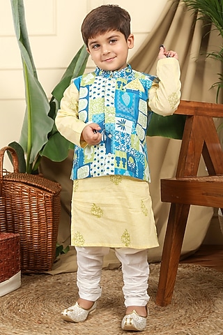 Blue & Green Cotton Printed Nehru Jacket With Kurta Set For Boys by Miko Lolo
