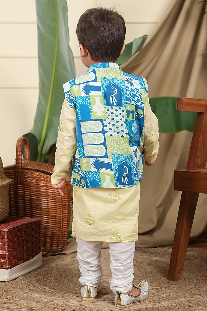 Blue & Green Cotton Printed Nehru Jacket With Kurta Set For Boys by Miko Lolo at Pernia's Pop Up Shop