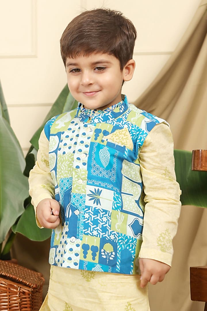 Blue & Green Cotton Printed Nehru Jacket With Kurta Set For Boys by Miko Lolo at Pernia's Pop Up Shop