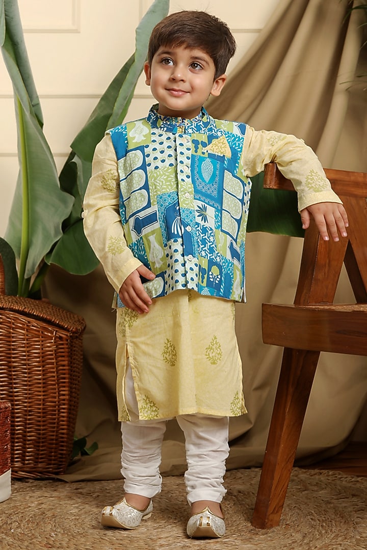 Blue & Green Cotton Printed Nehru Jacket With Kurta Set For Boys by Miko Lolo at Pernia's Pop Up Shop