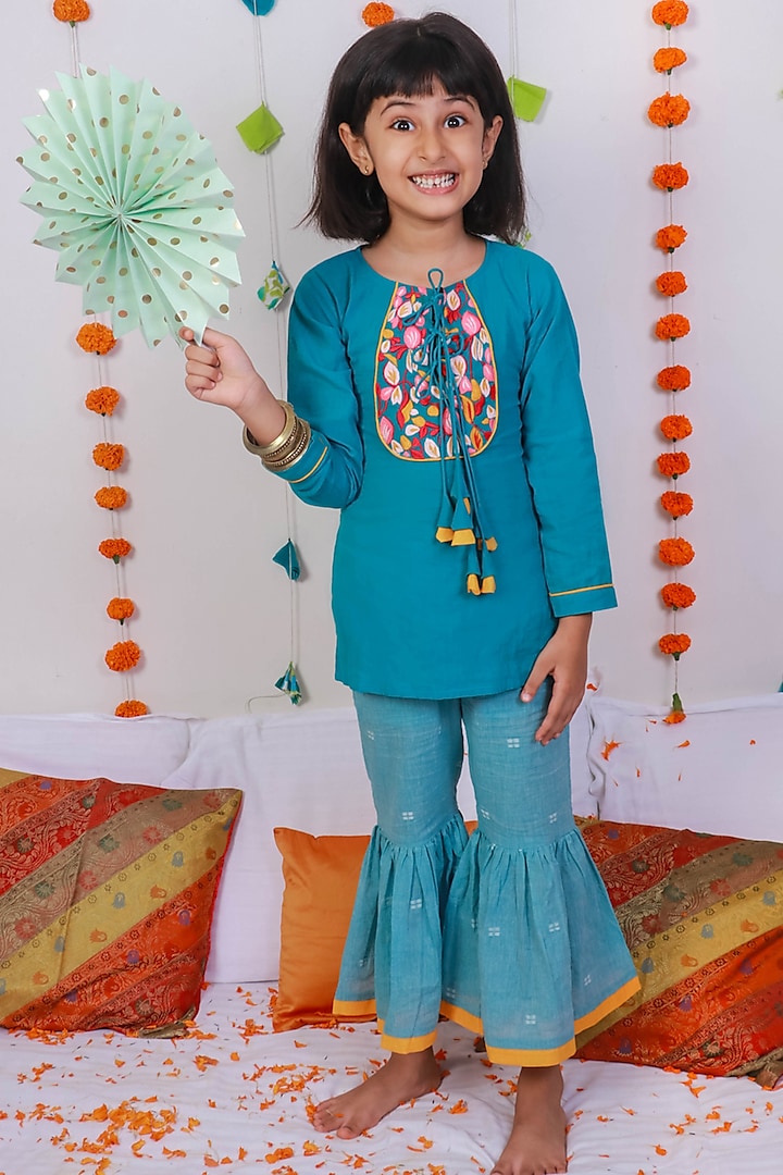 Blue Hand Block Printed Sharara Set For Girls by Miko Lolo
