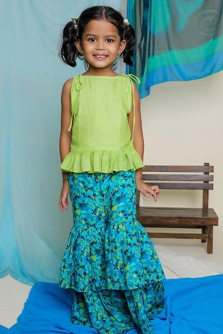 Blue Printed Sharara Set For Girls by Miko Lolo