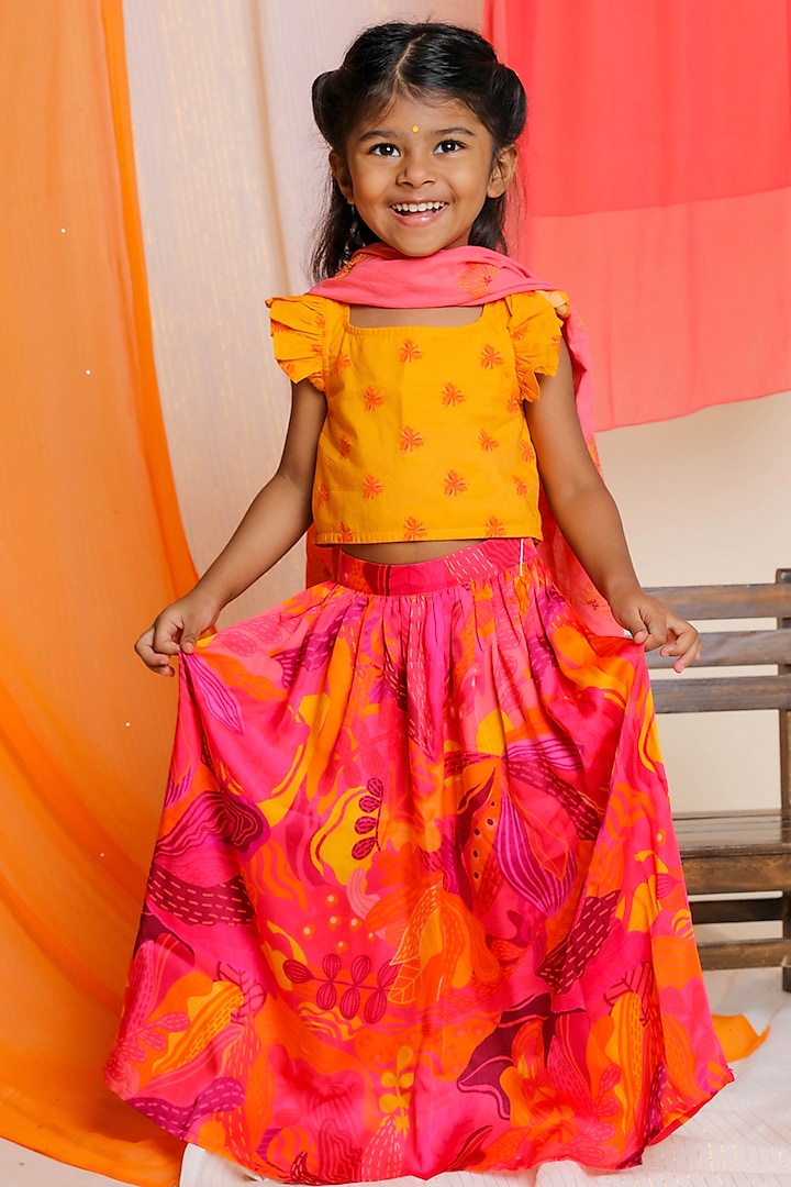 Pink Printed Lehenga Set For Girls by Miko Lolo