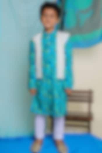 Blue Printed Kurta Set With Jacket For Boys by Miko Lolo