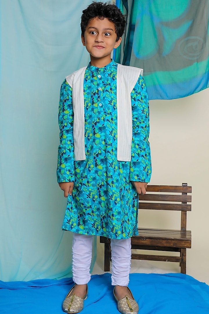 Blue Printed Kurta Set With Jacket For Boys by Miko Lolo